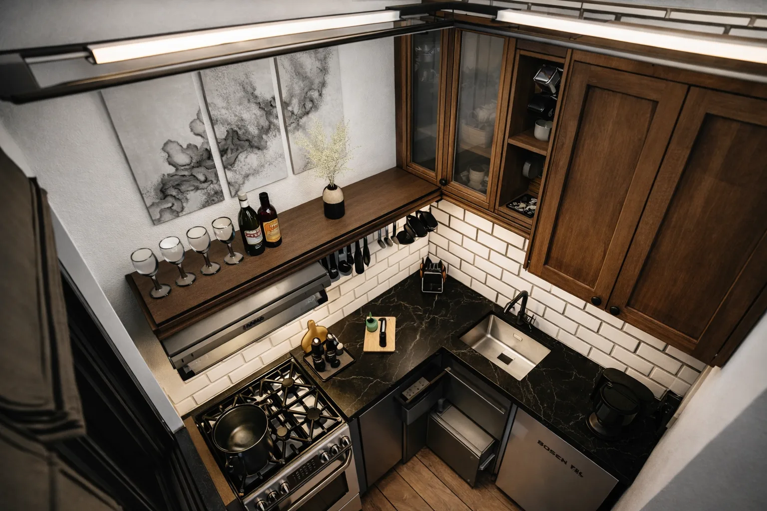 Render 3D con perspectiva realista de acabados